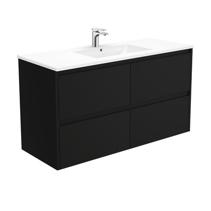 Fienza Amato Satin Black 1200 Wall Hung Cabinet, Solid Drawers, Bevelled edge , With Moulded Basin-Top - Dolce Ceramic Satin Black Panels