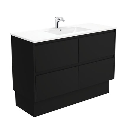 Fienza Amato Satin Black 1200 Cabinet on Kickboard, Solid Panels, Bevelled Edge , With Moulded Basin-Top - Dolce Ceramic Satin Black Panels