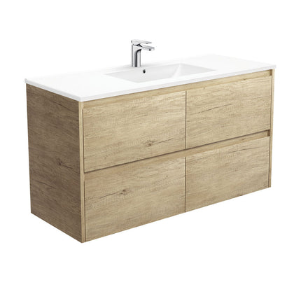 Fienza Amato Scandi Oak 1200 Wall Hung Cabinet, Solid Drawers, Bevelled Edge , With Moulded Basin-Top - Dolce Ceramic Scandi Oak Panels