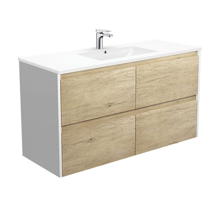 Fienza Amato Scandi Oak 1200 Wall Hung Cabinet, Solid Drawers, Bevelled Edge , With Moulded Basin-Top - Dolce Ceramic Satin White Panels