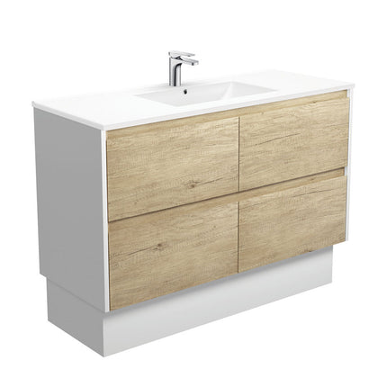 Fienza Amato Scandi Oak 1200 Cabinet on Kickboard, Solid Panels, Bevelled Edge , With Moulded Basin-Top - Dolce Ceramic Satin White Panels