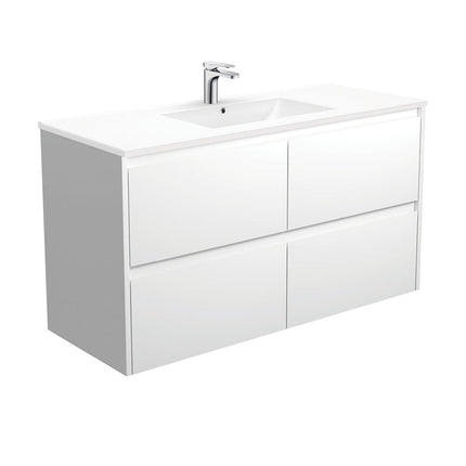 Fienza Amato Satin White 1200 Wall Hung Cabinet, Solid Drawers, Bevelled Edge , With Moulded Basin-Top - Dolce Ceramic Satin White Panels