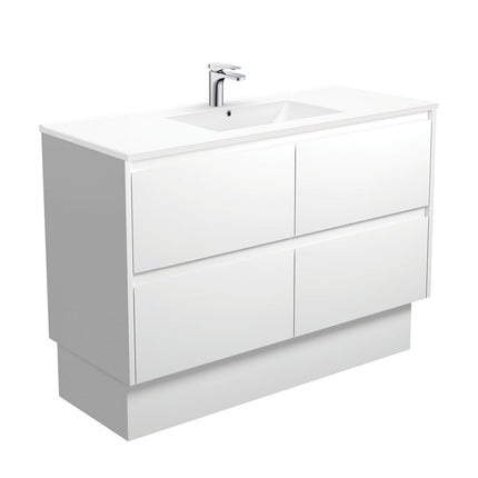 Fienza Amato Satin White 1200 Cabinet on Kickboard, Solid Panels, Bevelled Edge , With Moulded Basin-Top - Dolce Ceramic Satin White Panels