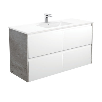 Fienza Amato Satin White 1200 Wall Hung Cabinet, Solid Drawers, Bevelled Edge , With Moulded Basin-Top - Dolce Ceramic Industrial Panels