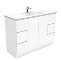 Fienza Fingerpull Gloss White 1200 Cabinet on Kickboard, Solid Doors , With Moulded Basin-Top - Dolce Ceramic