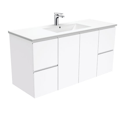 Fienza Fingerpull Gloss White 1200 Wall Hung Cabinet, Solid Doors , With Moulded Basin-Top - Dolce Ceramic