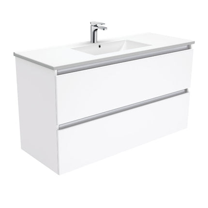 Fienza Quest Gloss White 1200 Wall Hung Cabinet, 2 Solid Drawers , With Moulded Basin-Top - Dolce Ceramic