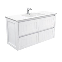 Fienza Hampton Satin White 1200 Wall Hung Cabinet, 4 Internal Drawers , With Moulded Basin-Top - Dolce Ceramic