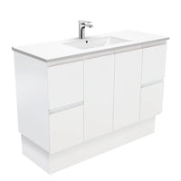 Fienza Fingerpull Satin White 1200 Cabinet on Kickboard, Solid Doors , With Moulded Basin-Top - Dolce Ceramic