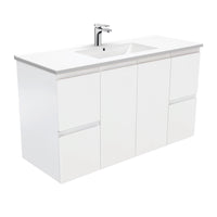 Fienza Figerpull Satin White 1200 Wall Hung Cabinet, Solid Doors , With Moulded Basin-Top - Dolce Ceramic