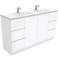 Fienza Fingerpull Gloss White 1500 Cabinet on Kickboard, Solid Doors , With Moulded Basin-Top - Dolce Ceramic Double Bowl