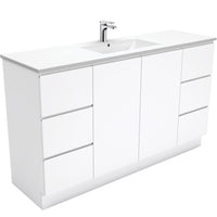 Fienza Fingerpull Gloss White 1500 Cabinet on Kickboard, Solid Doors , With Moulded Basin-Top - Dolce Ceramic Single Bowl
