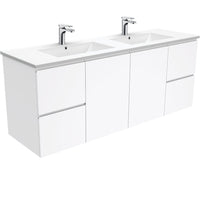 Fienza Fingerpull Gloss White 1500 Wall Hung Cabinet, Solid Doors , With Moulded Basin-Top - Dolce Ceramic Double Bowl
