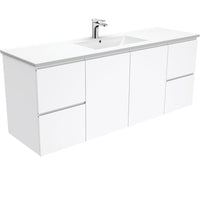 Fienza Fingerpull Gloss White 1500 Wall Hung Cabinet, Solid Doors , With Moulded Basin-Top - Dolce Ceramic Single Bowl