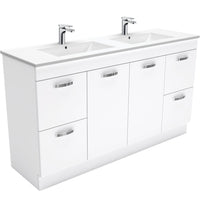 Fienza UniCab Gloss White 1500 Cabinet on Kickboard, Solid Doors , With Moulded Basin-Top - Dolce Ceramic Double Bowl
