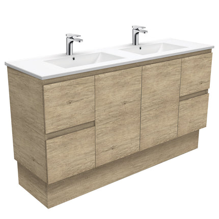 Fienza Edge Scandi Oak 1500 Cabinet on Kickboard, Solid Doors, Bevelled Edge , With Moulded Basin-Top - Dolce Ceramic Double Bowl