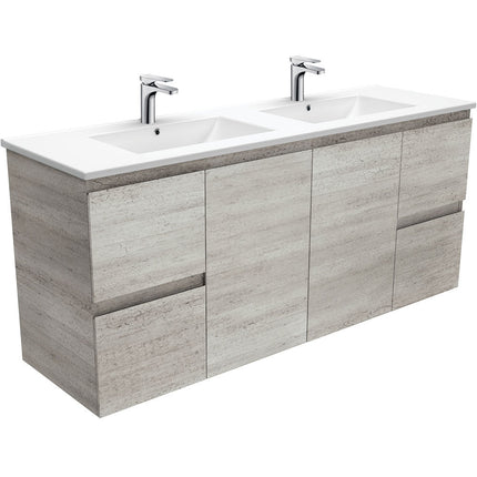 Fienza Edge Industrial 1500 Wall Hung Cabinet, Solid Doors, Bevelled Edge , With Moulded Basin-Top - Dolce Ceramic Double Bowl