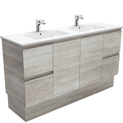 Fienza Edge Industrial 1500 Cabinet on Kickboard, Solid Doors, Bevelled Edge , With Moulded Basin-Top - Dolce Ceramic Double Bowl