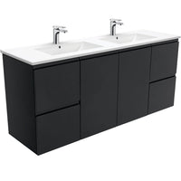 Fienza Fingerpull Satin Black 1500 Wall Hung Cabinet, Solid Doors , With Moulded Basin-Top - Dolce Ceramic Double Bowl