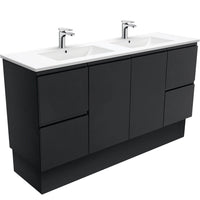 Fienza Fingerpull Satin Black 1500 Cabinet on Kickboard, Solid Doors , With Moulded Basin-Top - Dolce Ceramic Double Bowl