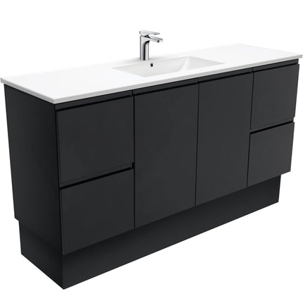 Fienza Fingerpull Satin Black 1500 Cabinet on Kickboard, Solid Doors , With Moulded Basin-Top - Dolce Ceramic Single Bowl