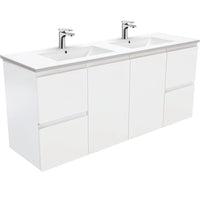 Fienza Fingerpull Satin White 1500 Wall Hung Cabinet, Solid Doors , With Moulded Basin-Top - Dolce Ceramic Double Bowl