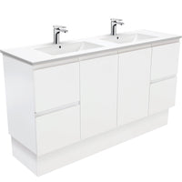 Fienza Fingerpull Satin White 1500 Cabinet on Kickboard, Solid Doors , With Moulded Basin-Top - Dolce Ceramic Double Bowl