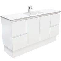 Fienza Fingerpull Satin White 1500 Cabinet on Kickboard, Solid Doors , With Moulded Basin-Top - Dolce Ceramic Single Bowl