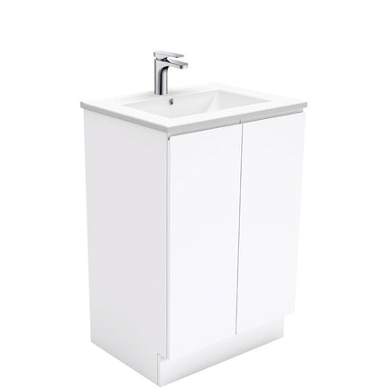 Fienza Fingerpull Gloss White 600 Cabinet on Kickboard, Solid Doors , With Moulded Basin-Top - Dolce Ceramic