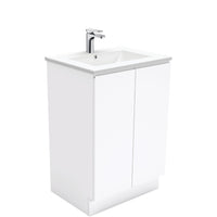 Fienza Fingerpull Gloss White 600 Cabinet on Kickboard, Solid Doors , With Moulded Basin-Top - Dolce Ceramic