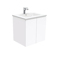 Fienza Fingerpull Gloss White 600 Wall Hung Cabinet, Solid Doors , With Moulded Basin-Top - Dolce Ceramic