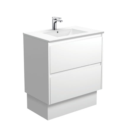 Fienza Amato Satin White 750 Cabinet on Kickboard, Solid Panels, Bevelled Edge , With Moulded Basin-Top - Dolce Ceramic Satin White Panels