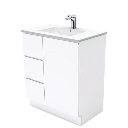 Fienza Fingerpull Gloss White 750 Cabinet on Kickboard, Solid Door , With Moulded Basin-Top - Dolce Ceramic Left Hand Drawer