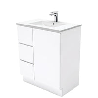 Fienza Fingerpull Gloss White 750 Cabinet on Kickboard, Solid Door , With Moulded Basin-Top - Dolce Ceramic Left Hand Drawer