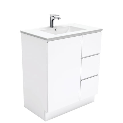 Fienza Fingerpull Gloss White 750 Cabinet on Kickboard, Solid Door , With Moulded Basin-Top - Dolce Ceramic Right Hand Drawer