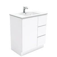 Fienza Fingerpull Gloss White 750 Cabinet on Kickboard, Solid Door , With Moulded Basin-Top - Dolce Ceramic Right Hand Drawer
