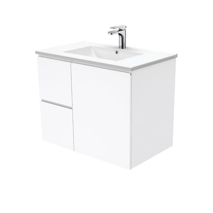 Fienza Fingerpull Gloss White 750 Wall Hung Cabinet, Solid Door , With Moulded Basin-Top - Dolce Ceramic Left Hand Drawer