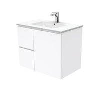 Fienza Fingerpull Gloss White 750 Wall Hung Cabinet, Solid Door , With Moulded Basin-Top - Dolce Ceramic Left Hand Drawer