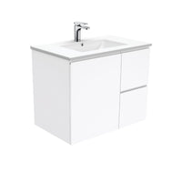 Fienza Fingerpull Gloss White 750 Wall Hung Cabinet, Solid Door , With Moulded Basin-Top - Dolce Ceramic Right Hand Drawer