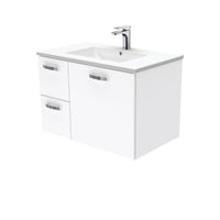 Fienza UniCab Gloss White 750 Wall Hung Cabinet, Solid Door , With Moulded Basin-Top - Dolce Ceramic Left Hand Drawer