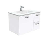 Fienza UniCab Gloss White 750 Wall Hung Cabinet, Solid Door , With Moulded Basin-Top - Dolce Ceramic Right Hand Drawer