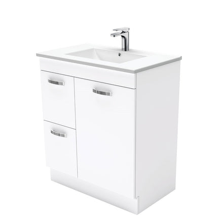 Fienza UniCab Gloss White 750 Cabinet on Kickboard , With Moulded Basin-Top - Dolce Ceramic Left Hand Drawer