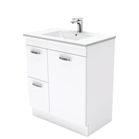 Fienza UniCab Gloss White 750 Cabinet on Kickboard , With Moulded Basin-Top - Dolce Ceramic Left Hand Drawer