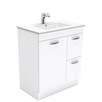 Fienza UniCab Gloss White 750 Cabinet on Kickboard , With Moulded Basin-Top - Dolce Ceramic Right Hand Drawer