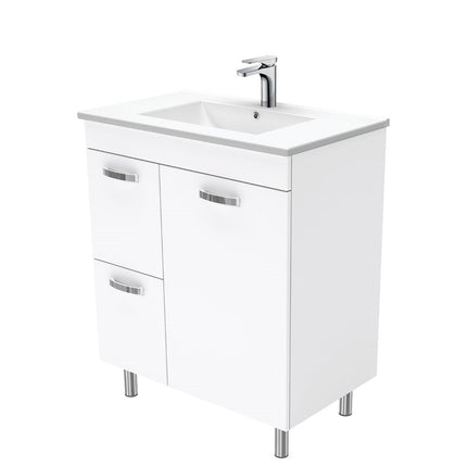 Fienza UniCab 750 Gloss White Cabinet on Legs, Left Hand Drawers, Solid Doors , With Moulded Basin-Top - Dolce Ceramic