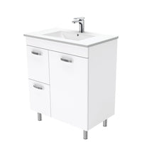 Fienza UniCab 750 Gloss White Cabinet on Legs, Left Hand Drawers, Solid Doors , With Moulded Basin-Top - Dolce Ceramic