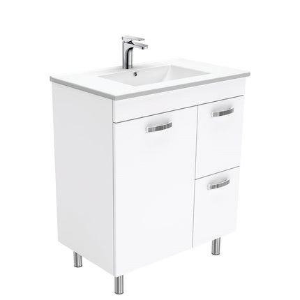 Fienza UniCab 750 Gloss White Cabinet on Legs, Right Hand Drawers, Solid Doors , With Moulded Basin-Top - Dolce Ceramic