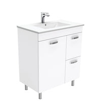 Fienza UniCab 750 Gloss White Cabinet on Legs, Right Hand Drawers, Solid Doors , With Moulded Basin-Top - Dolce Ceramic