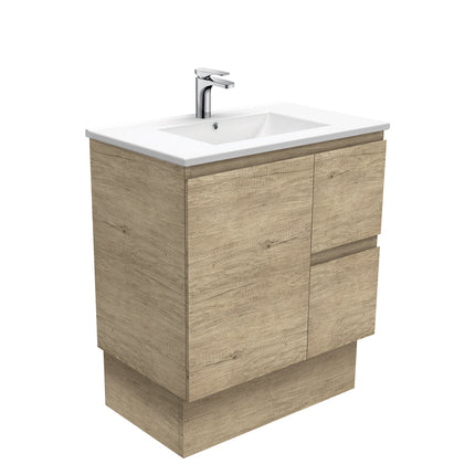Fienza Edge Scandi Oak 750 Cabinet on Kickboard, Bevelled Edge , With Moulded Basin-Top - Dolce Ceramic Right Hand Drawer