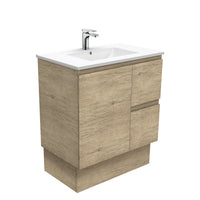 Fienza Edge Scandi Oak 750 Cabinet on Kickboard, Bevelled Edge , With Moulded Basin-Top - Dolce Ceramic Right Hand Drawer